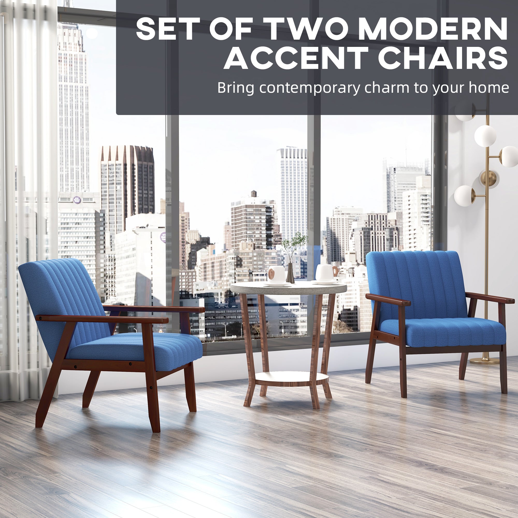 Set of 2 Accent Chairs, Modern Upholstered Armchairs for Living Room with Wooden Legs and Tufting Design, Dark Blue Accent Chairs   at Gallery Canada