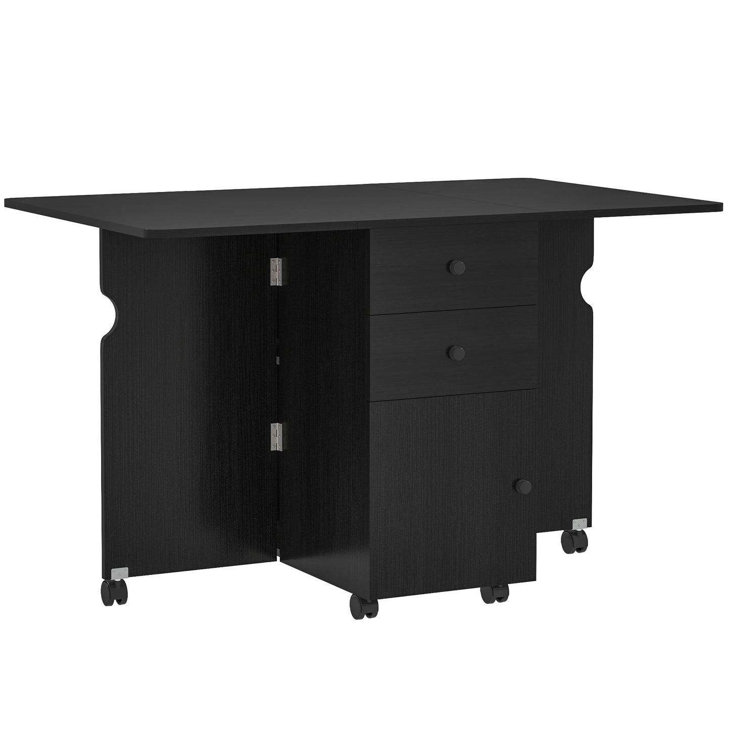 Extendable Dining Table, Drop Leaf Table with 2 Drawers, Cabinet and 6 Wheels for Small Spaces, Kitchen, Black Wood Grain Dining Tables at Gallery Canada