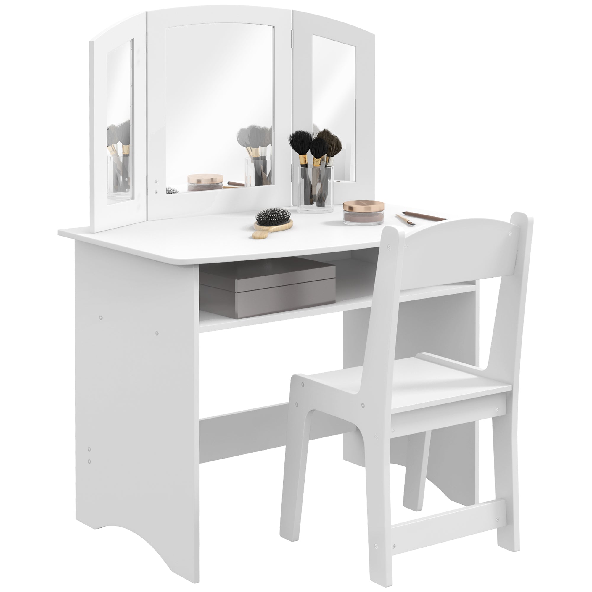 2 in 1 Kids Vanity Set Makeup Dressing Table Pretend Play Set with Tri-Folding Mirror, Stool, Storage Shelf Toy Vanity at Gallery Canada