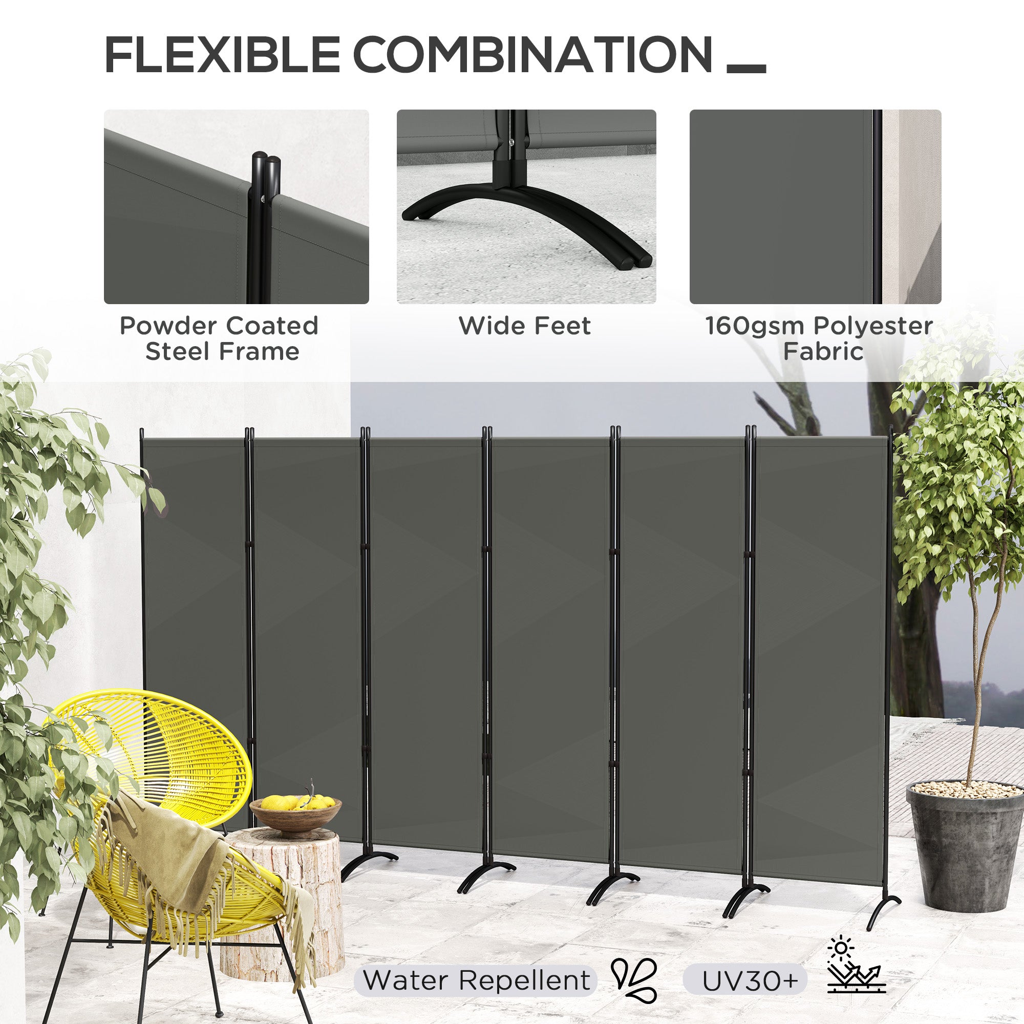 6 Panel Folding Room Divider, UV30+ Privacy Screen, Indoor Outdoor Privacy Panel with Stable Base, Dark Grey Side Awnings at Gallery Canada