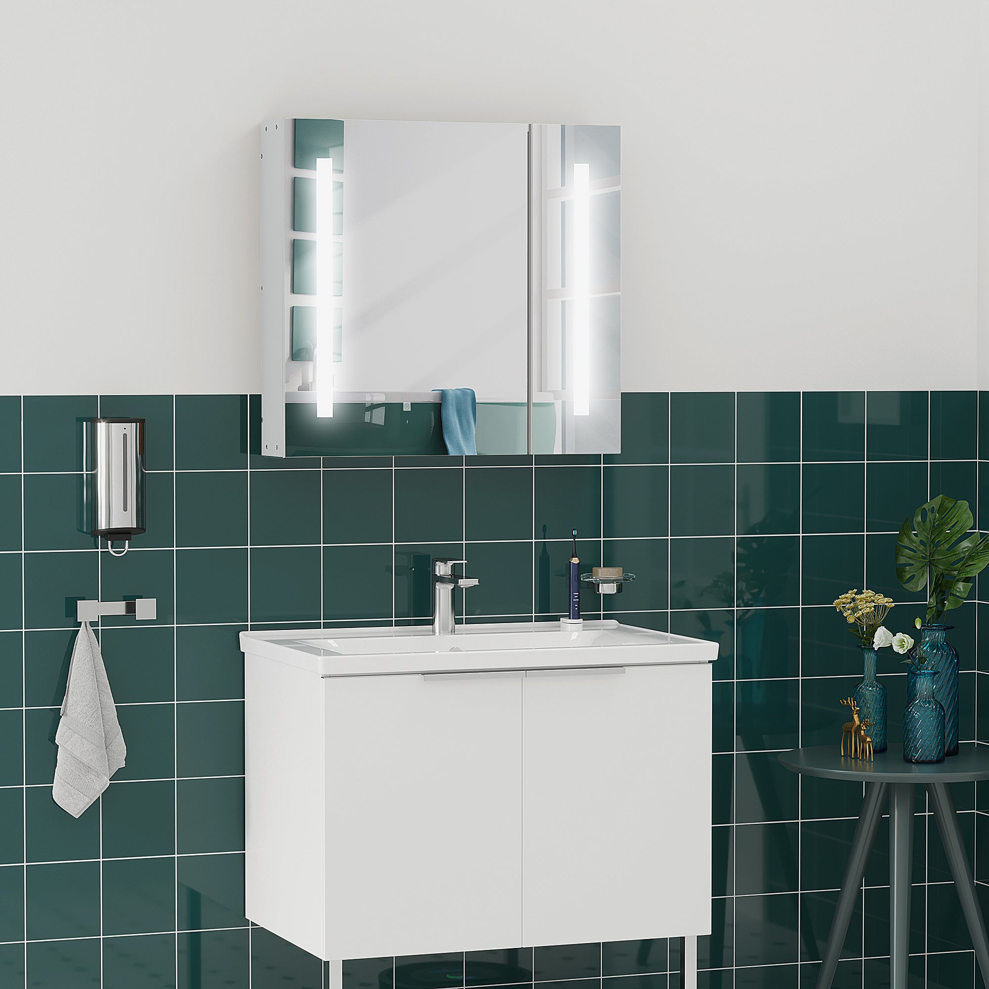 Illuminated Bathroom Mirror Cabinet 650 X 700Hmm LED Bathroom Mirror with Lights Touch Switch, Adjustable Shelf, USB Charge, White Mirror Medicine Cabinets   at Gallery Canada