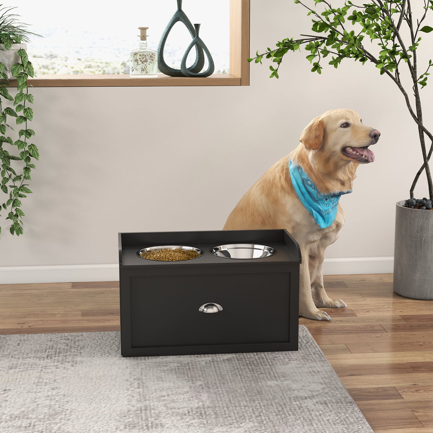 Elevated Dog Bowls Raised Pet Feeding Station with Storage 2 Stainless Steel Bowls, 23.6"x11.8" x14.2", Black Dog Bowls   at Gallery Canada