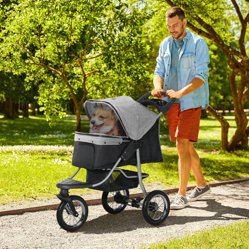 Pet Stroller with 3 Wheels, One-click Folding Design, Adjustable Canopy, Zippered Mesh Window Door, Grey