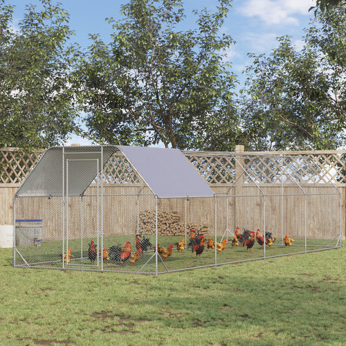 Chicken Run, Galvanized Large Metal Chicken Coop Cage, Walk-in Enclosure Poultry Hen Run House Playpen Rabbit Hutch with Flat Roof, Cover, for Outdoor Backyard, 9.2' x 24.9' x 6.5', Silver