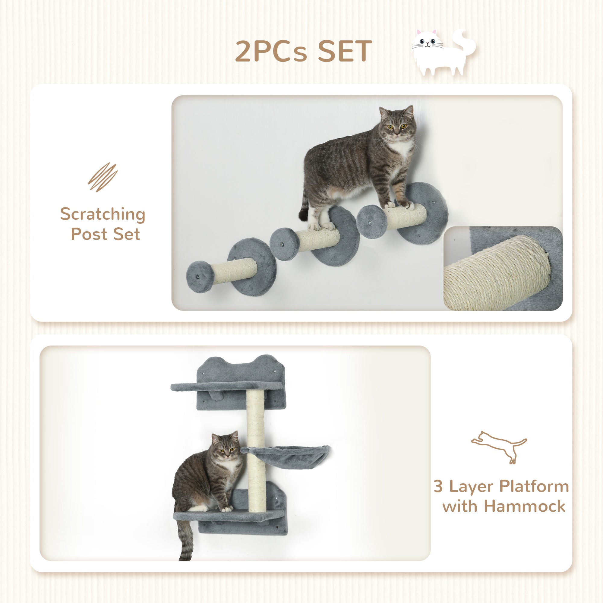 4Pcs Cat Wall Shelf with Scratching Posts, Hammock, Steps, Platforms, Cat Shelves for Relaxing, Sleeping, Jumping, Cat Wall Climber for Indoor Cats, Grey Cat Climbing Wall at Gallery Canada