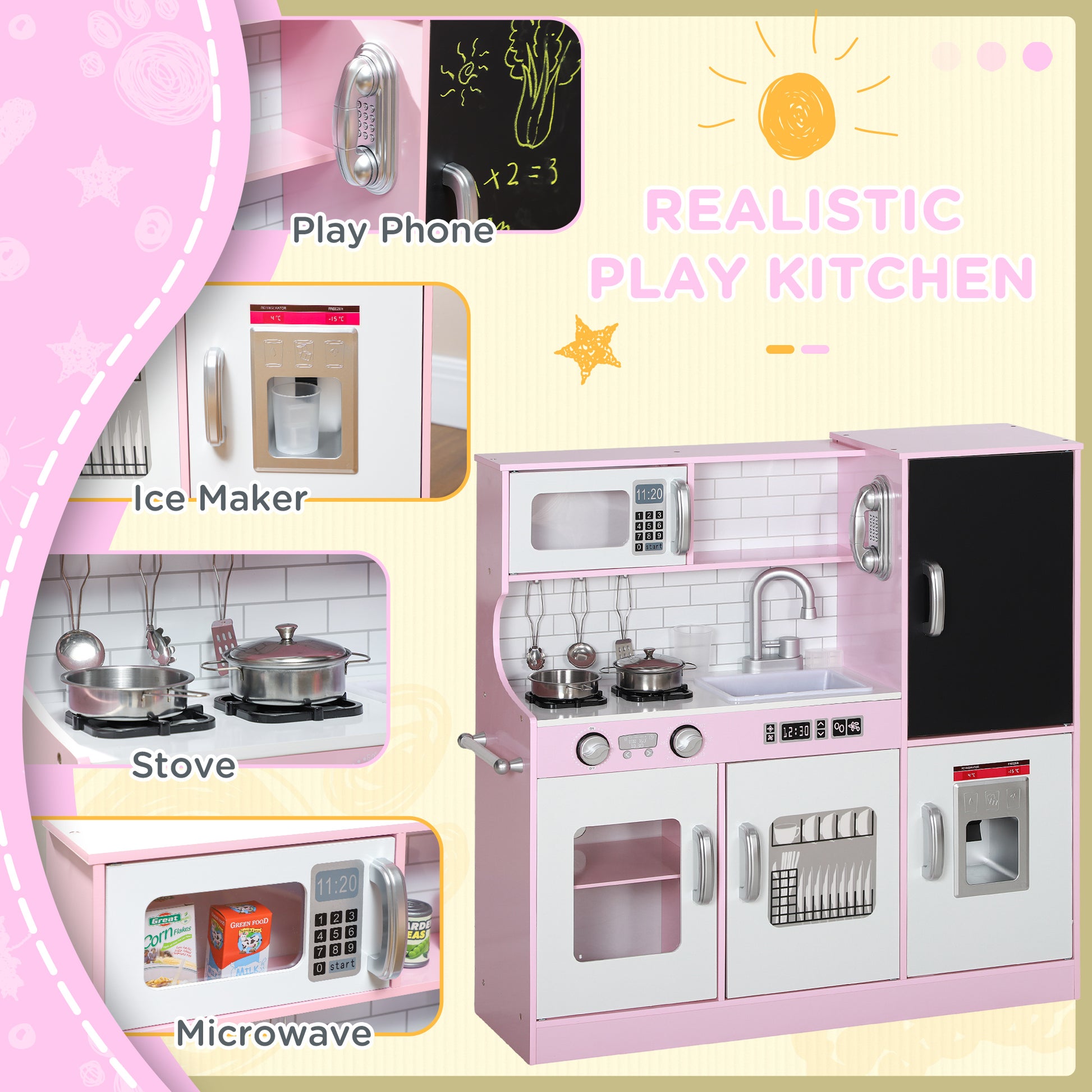 Play Kitchen for Kids, Kids Kitchen Playset w/ Chalkboard, Ice Maker, Play Phone, Sink, Microwave Play Kitchen   at Gallery Canada