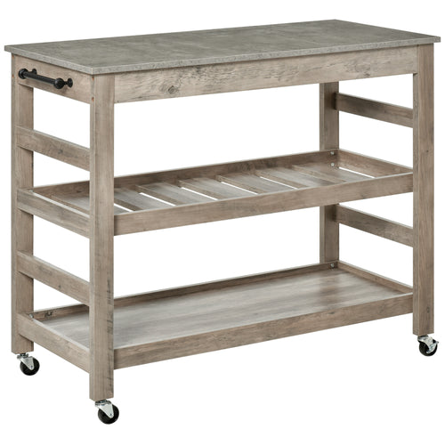 Kitchen Cart Rolling Kitchen Island Utility Trolley with Concrete Effect Top &; Storage Wine Rack, Grey