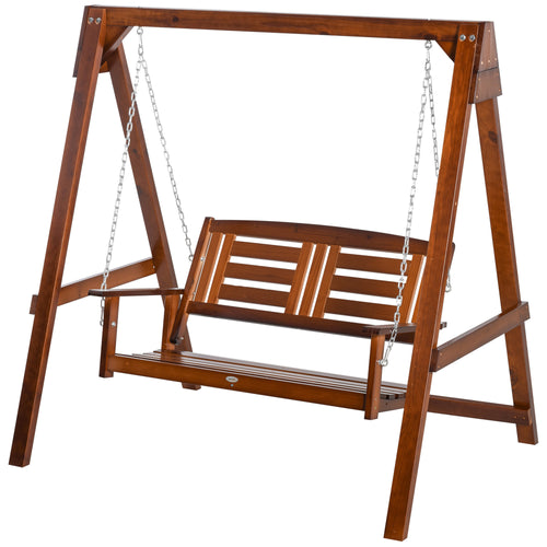 2 Seater Wooden Outdoor Patio Porch Swing with Stand, Wide Backrest, Adjustable Chains, for Garden, Poolside, Backyard