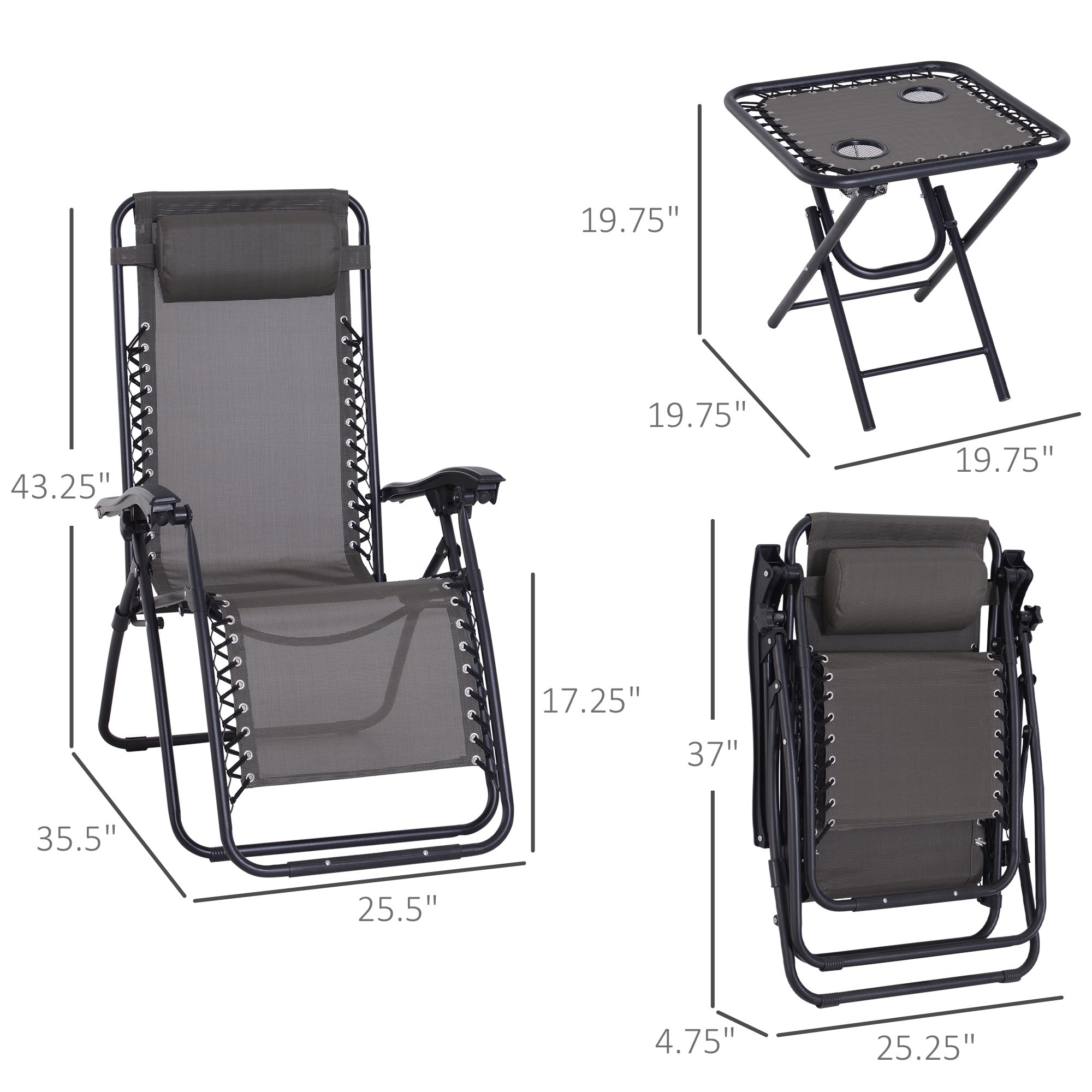 3pcs Zero Gravity Lounger Chair Set Patio Chaise Lounge Side Table Set with Cup Holder, Grey Lounger Chairs   at Gallery Canada