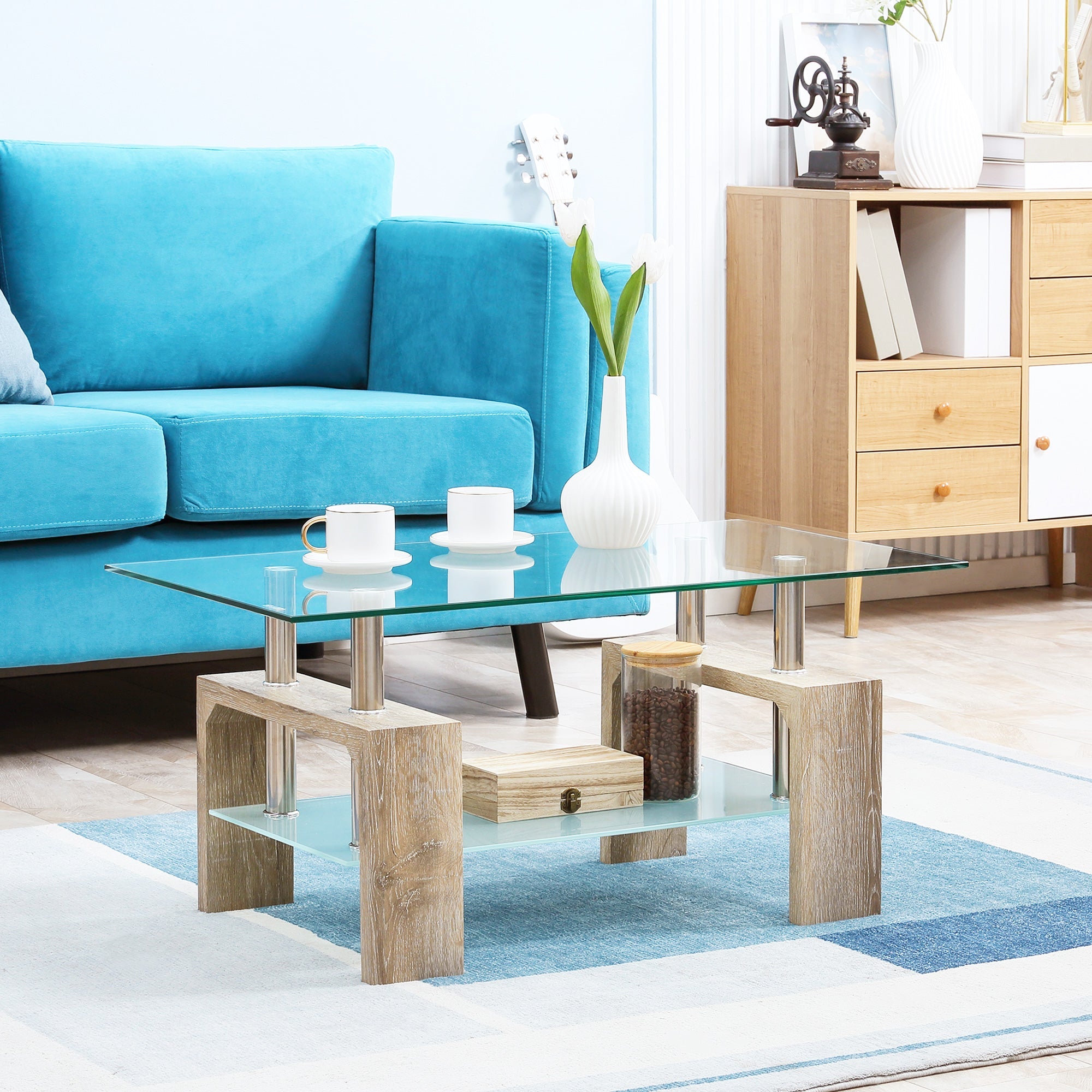 Rectangle Glass Coffee Table, 2-Tier Center Table with Tempered Glass Top and Storage Shelf for Living Room, Natural Coffee Tables   at Gallery Canada