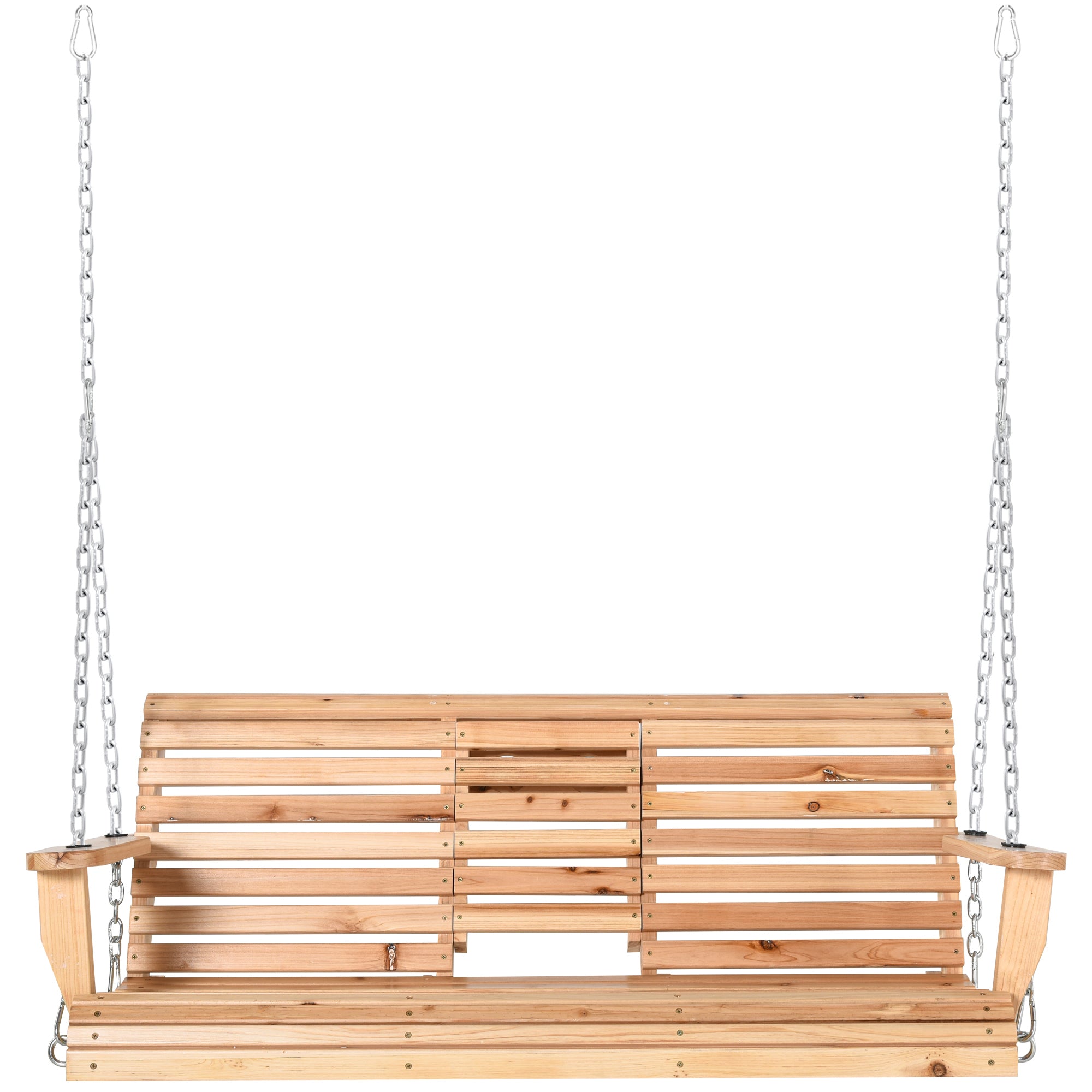 3 Seater Patio Swing Chair Wood Porch Swing with Foldable Table, Cup Holders, Steel Chains for Garden, Yard, Natural Hanging Porch Swings Natural at Gallery Canada