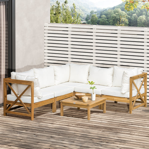 6-Piece Wooden Patio Sofa Sectional Set with 5 Sofas, 1 Coffee Table, 5 Cushions &; 8 Pillows, Cream White