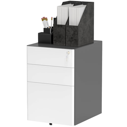 3 Drawer Filing Cabinet, Home Office Storage Cabinet with Wheels, Lock for A4, Letters, Legal-sized Files, Grey and White