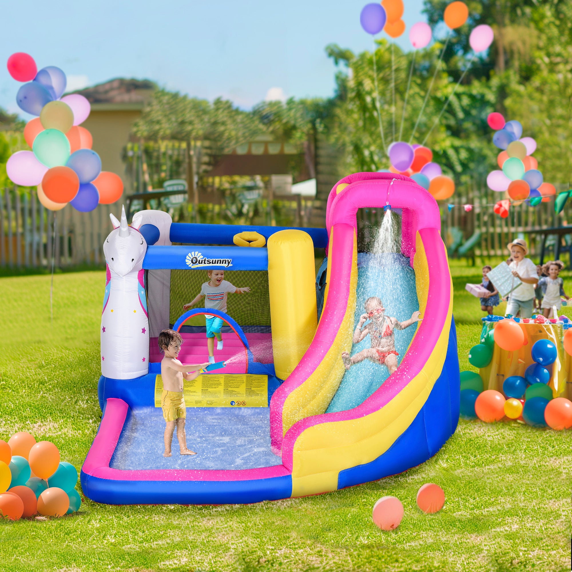 Kids 5 in 1 Inflatable Bounce Castle House, Trampoline Water Slide Pool Climbing Wall with Inflator for Kids Age 3-12 Summer 12.4' x 10.5' x 6.9' - Multi-color Inflatables at Gallery Canada