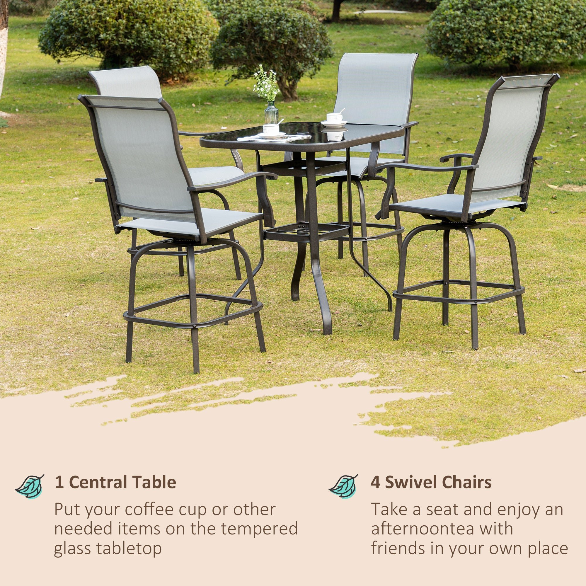 5 Pieces Patio Furniture Set, Outdoor Garden Conversation Set with Tempered Glass Table, 4 Swivel Chairs and Umbrella Hole, Grey Bistro Sets at Gallery Canada