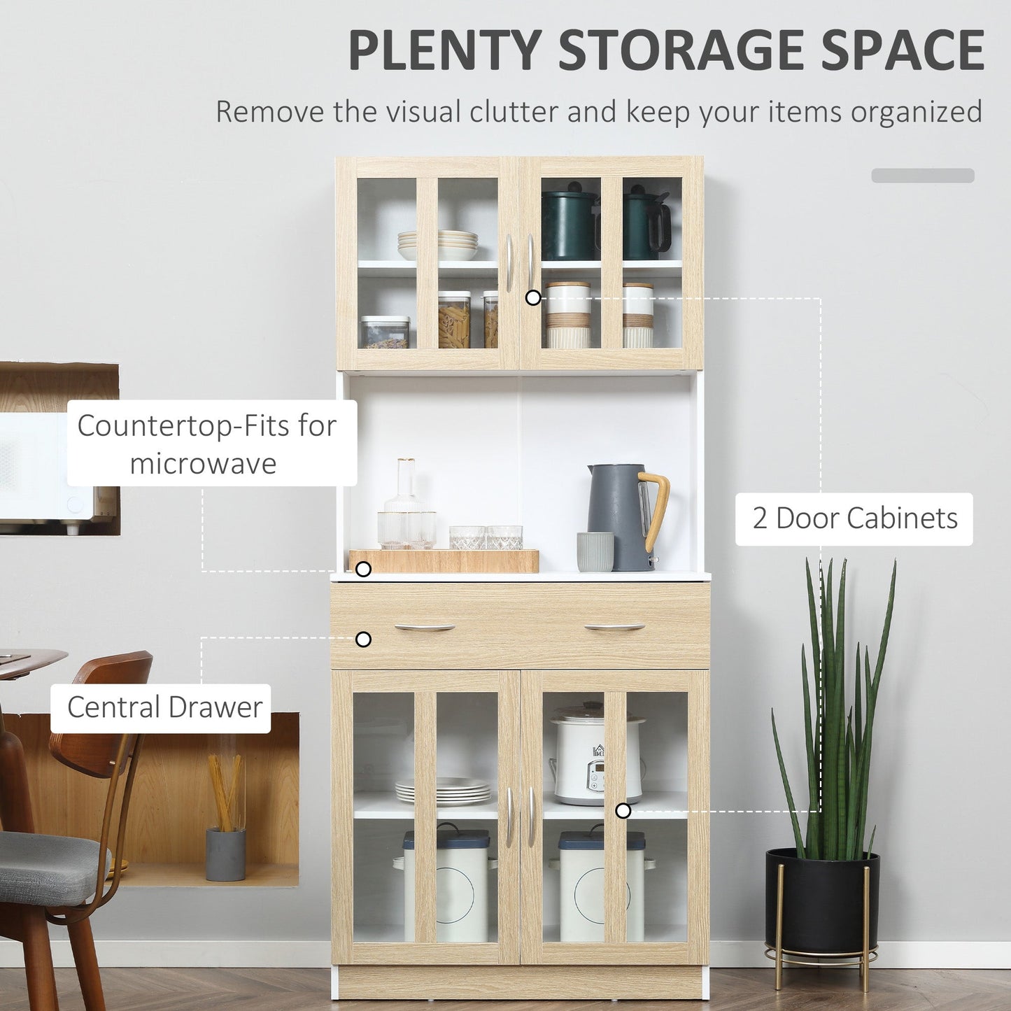 71" Kitchen Buffet with Hutch, Freestanding Pantry Cupboard with Central Drawer, 2 Glass Door Cabinets and Countertop, White Kitchen Pantry Cabinets   at Gallery Canada