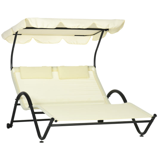 Outdoor Patio Chaise Lounge Chair, Patio Sun Lounger w/ Sunshade Roof, for Two People with Wheels and Breathable Sling Mesh Bed, Pillows, Beige Daybeds   at Gallery Canada