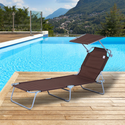 Outdoor Lounge Chair, Adjustable Folding Chaise Lounge, Tanning Chair with Sun Shade for Beach, Camping, Hiking, Backyard, Brown Lounger Chairs   at Gallery Canada