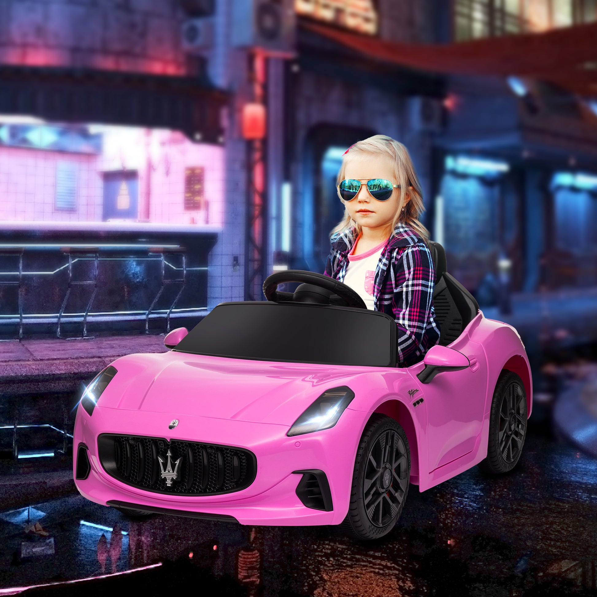 12V Maserati Gran Turismo Licensed Kids Electric Car w/ Remote Control, Soft Start, LED Lights, Music, Horn, MP3, Pink Electric Toy Cars Pink  at Gallery Canada