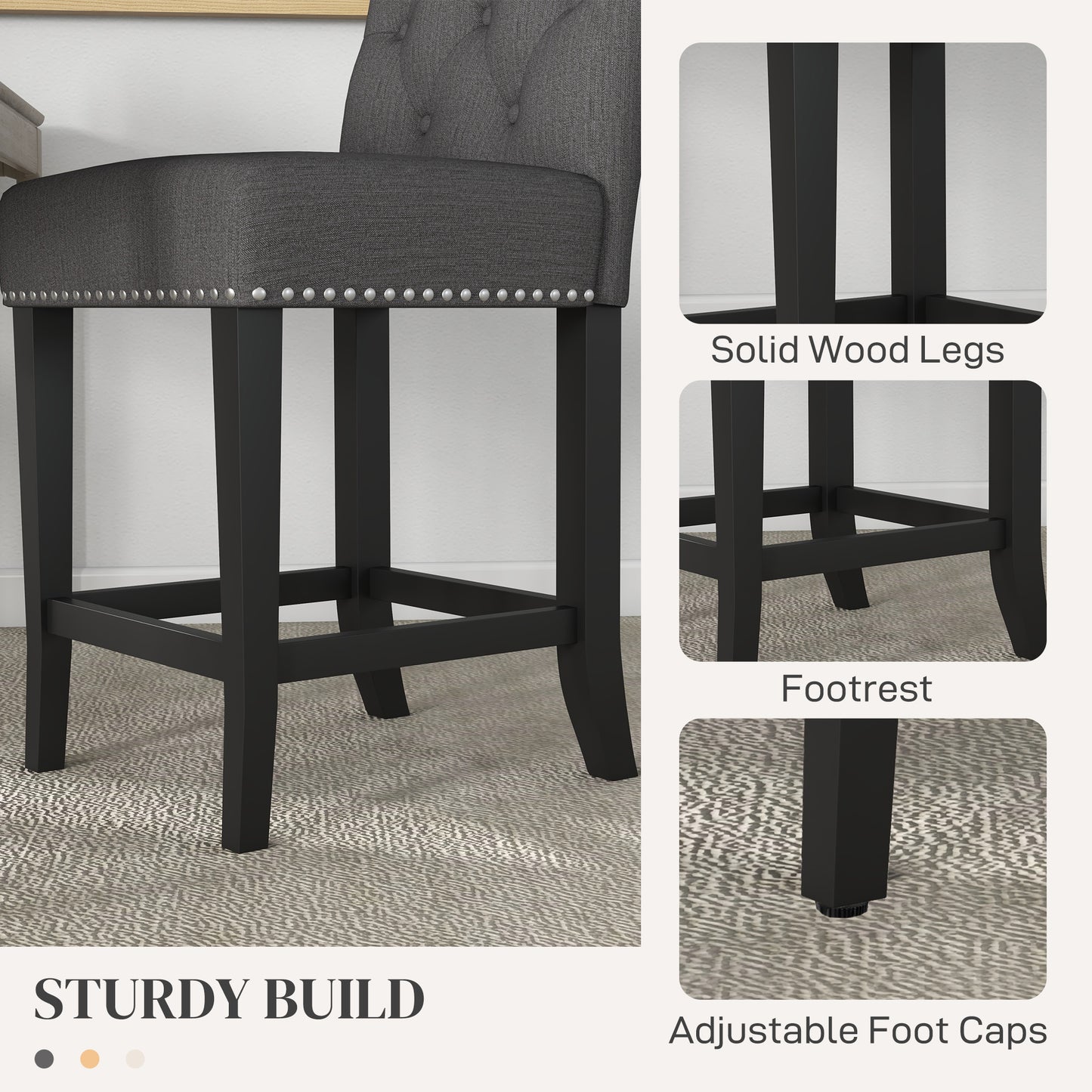 Fabric Bar Stool Set of 2, Tall 25.6" Seat Height Bar Chairs with Tufted Back &; Wood Legs, Dark Grey Bar Stools   at Gallery Canada