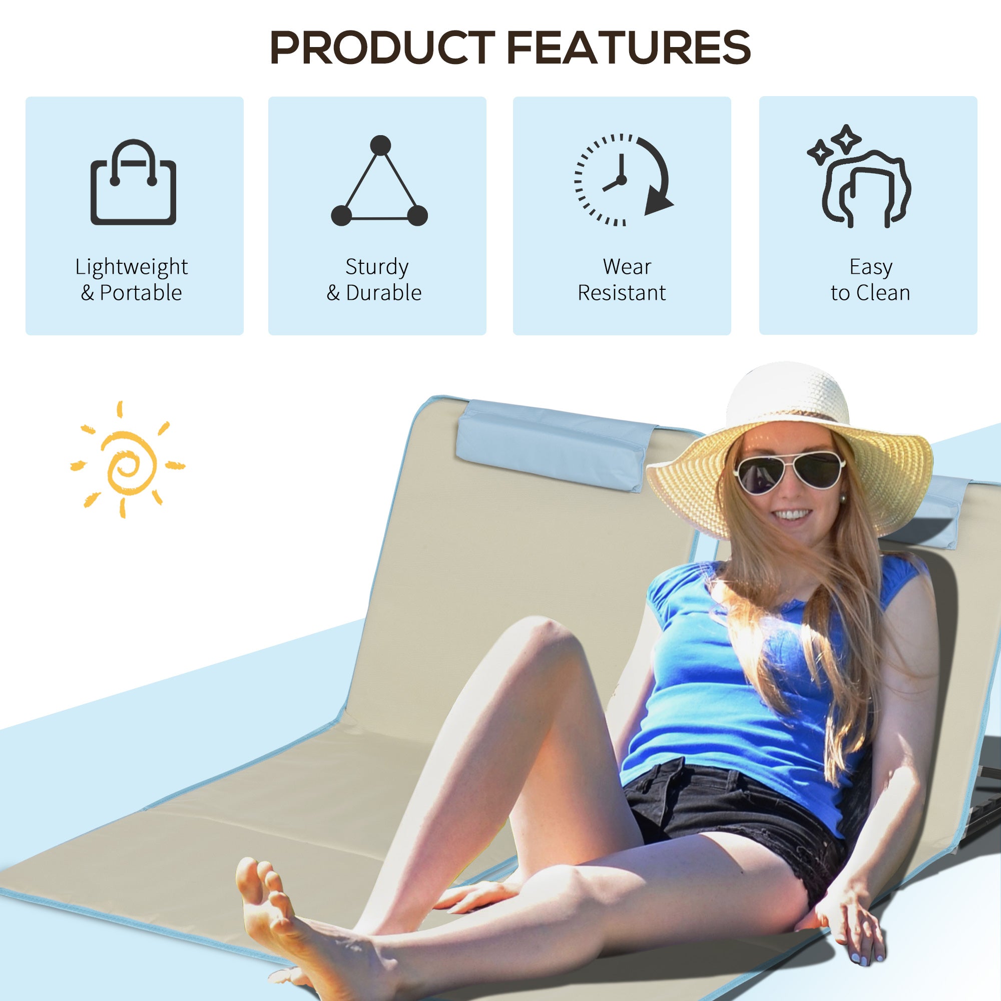 Set of 2 Beach Lounge Chair, Folding Ground Beach Mat w/ Adjustable Back, Steel Frame, Head Pillow and Carry Bag, Beige Beach Accessories at Gallery Canada