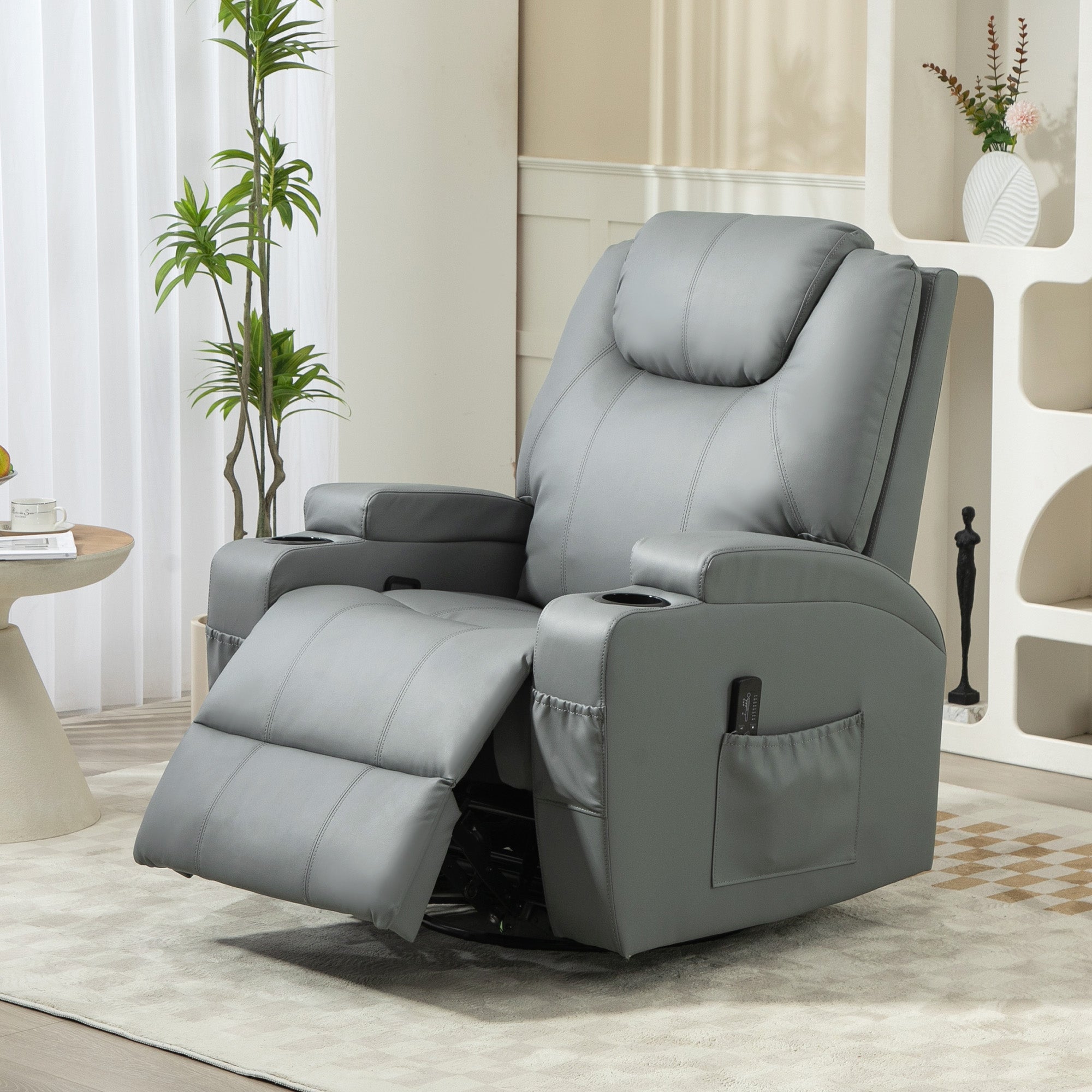 Massage Recliner Chair Leather Swivel Rocker Manual Reclining Chair with 8 Vibration Points, Cup Holders, Light Grey Single Sofas   at Gallery Canada