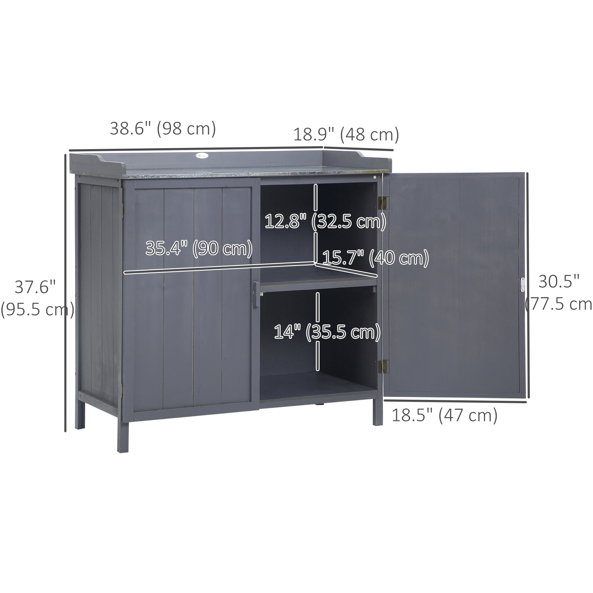 Garden Storage Cabinet, Outdoor Potting Bench Table with Galvanized Top and Shelf, Tool Shed with Double Doors, Grey Sheds at Gallery Canada