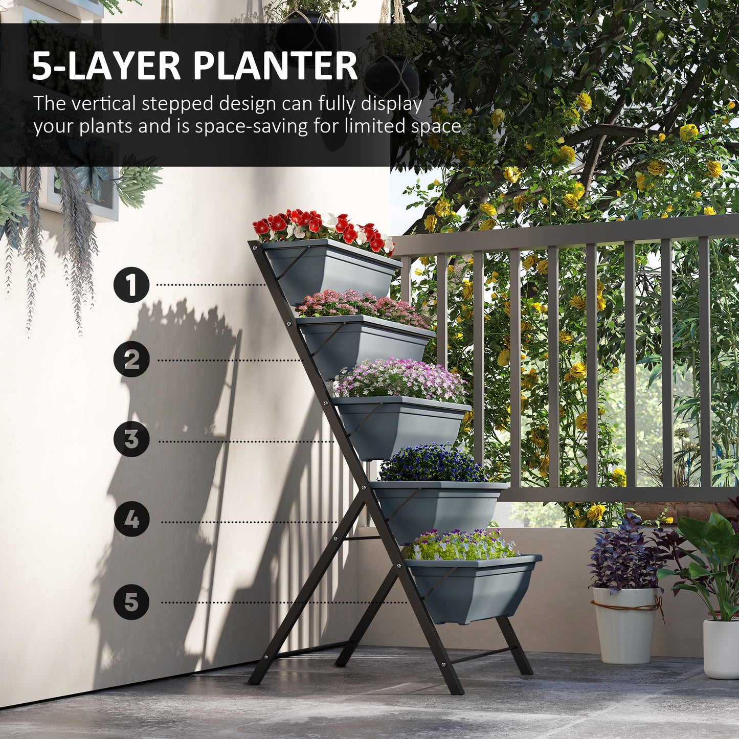 5-Tier Raised Garden Bed Plant Stand Flower Pots with Leaking Holes Grey Plant Stands at Gallery Canada