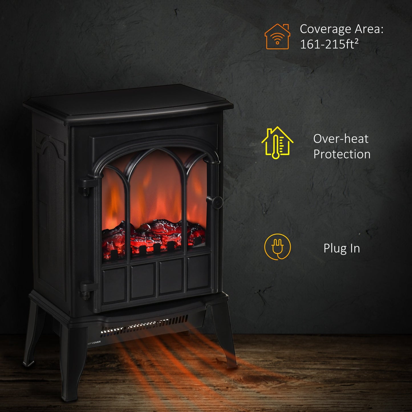 Electric Fireplace Stove, Freestanding Fireplace Heater with Realistic Flame, Adjustable brightness, Overheating Safety System, Black Electric Fireplaces   at Gallery Canada