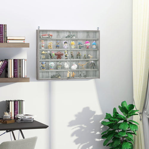 5-Storey Wall Shelf Display Cabinet, Shot Glass Display Case, Glass Curio Cabinet with 2 Glass Doors and 4 Adjustable Shelves, Grey