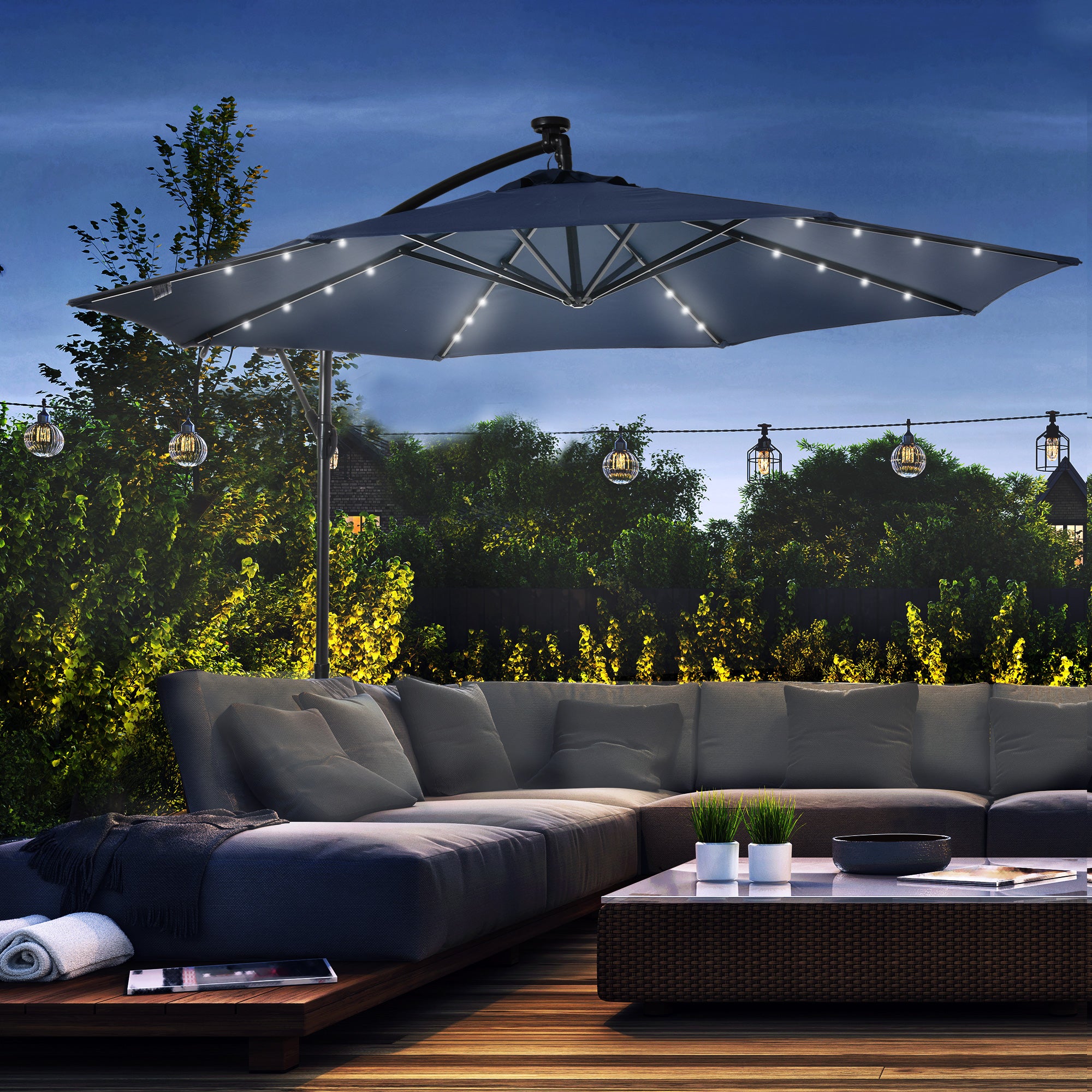 10ft Outdoor Cantilever Umbrella with Solar Lights Banana Umbrella with Adjustable Angle for Patio Backyard Navy Blue Cantilever Umbrellas at Gallery Canada