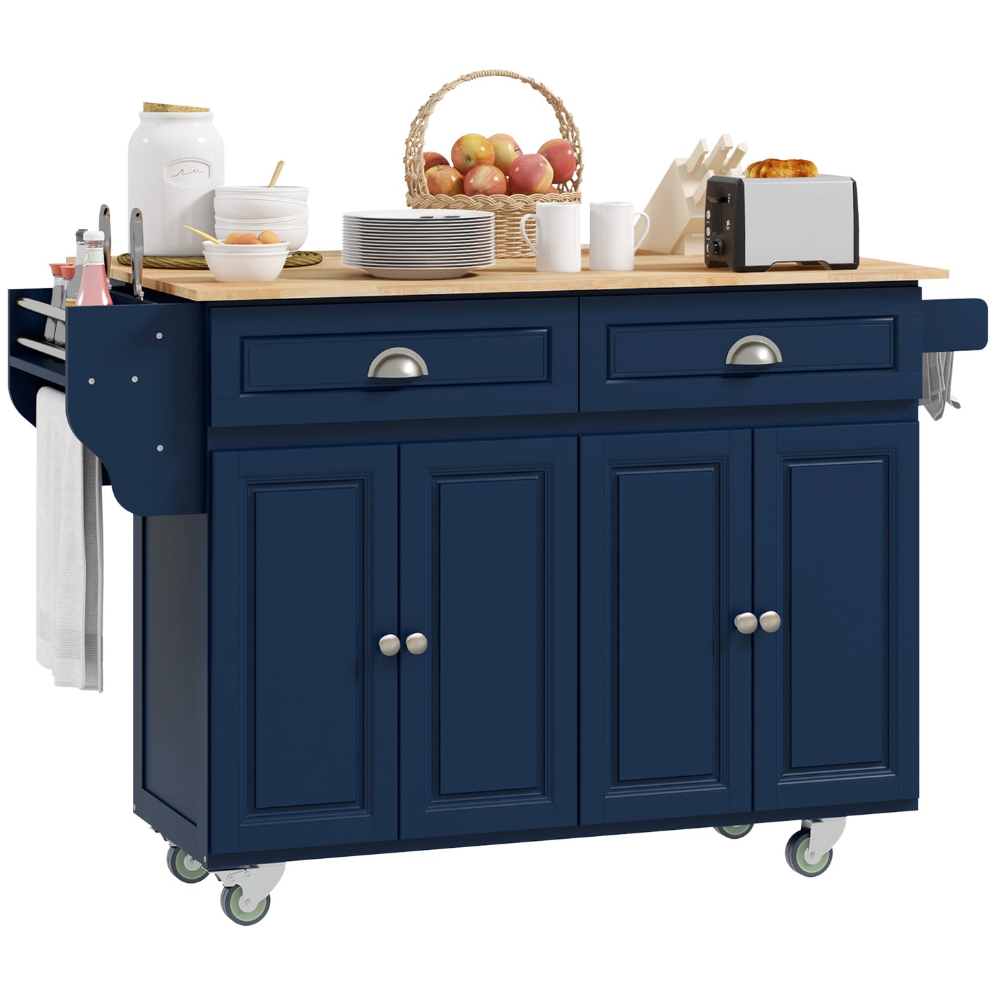 Kitchen Island with Storage, Rolling Kitchen Island with Drop Leaf, Rubber Wood Top and Adjustable Shelves, Navy Blue Kitchen Islands & Kitchen Carts at Gallery Canada