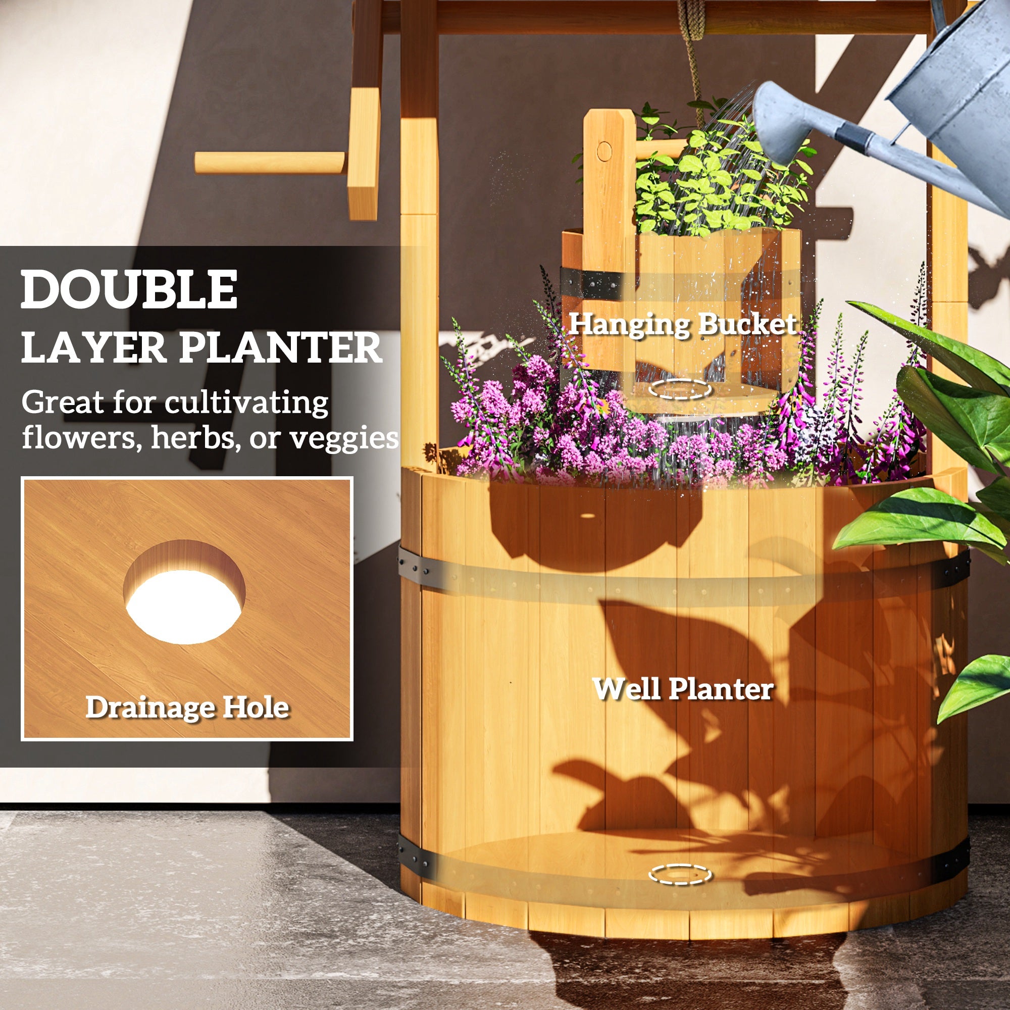Wood Wishing Well Outdoor Wooden Planter with Hanging Bucket and Drainage Hole for Garden, Patio, Backyard, Orange Garden Decor at Gallery Canada