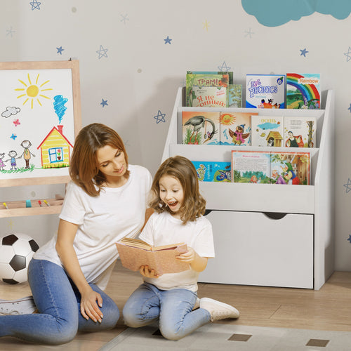 Kids Bookshelf with 3 Tier Display Shelves, Drawer for Nursery, White