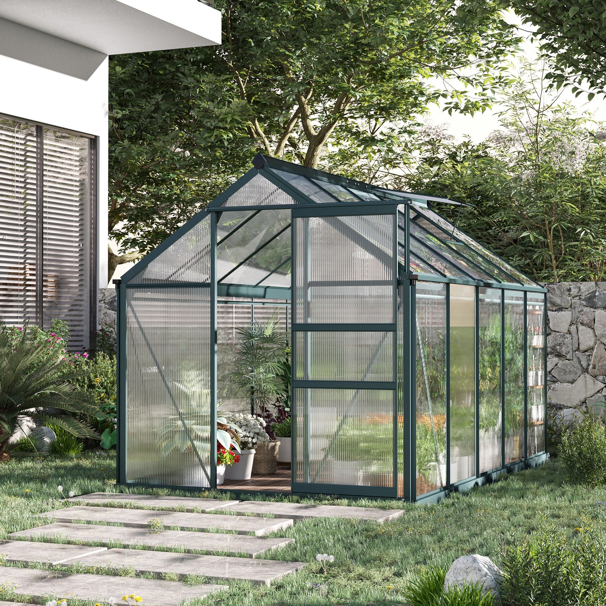 6' x 10' x 6.6' Polycarbonate Greenhouse, Walk-In Green House Kit Garden, Plants Grow, Galvanized Sheet Aluminum Frame with Rain Gutter, Vents and Sliding Door, Green Walk In Greenhouses at Gallery Canada