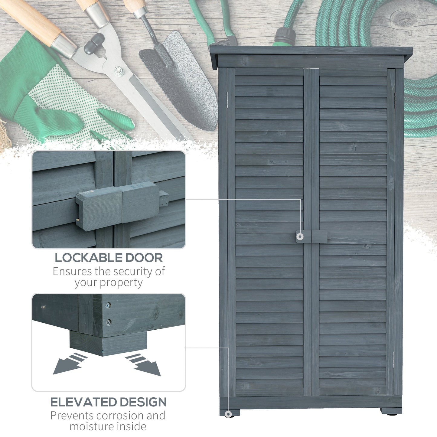 Outdoor Garden Shed, Wooden Tool Storage Shed, 3-Tier Shelves, Asphalt Roof, Shutter Doors, 34.3" x 18.3" x 63", Grey Sheds   at Gallery Canada