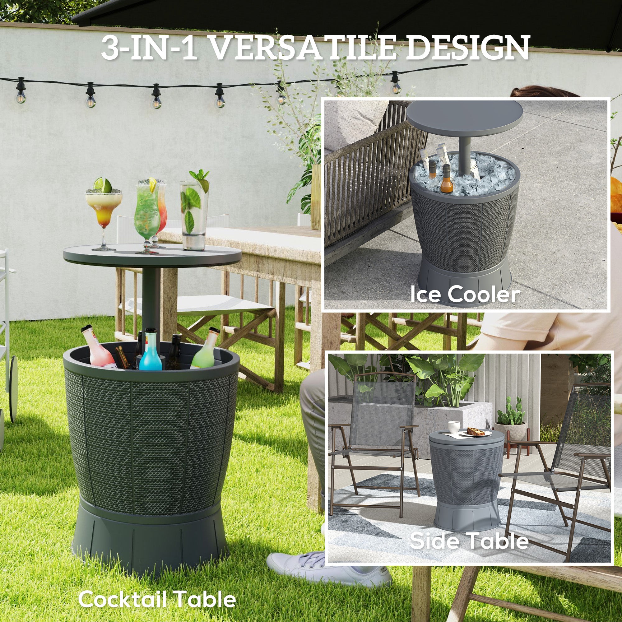 11 Gallon Patio Cooler Side Table, 3-in-1 Outdoor Cool Bar Table with Height Adjustable Top, Drainage Plug, Grey Patio Side Tables at Gallery Canada