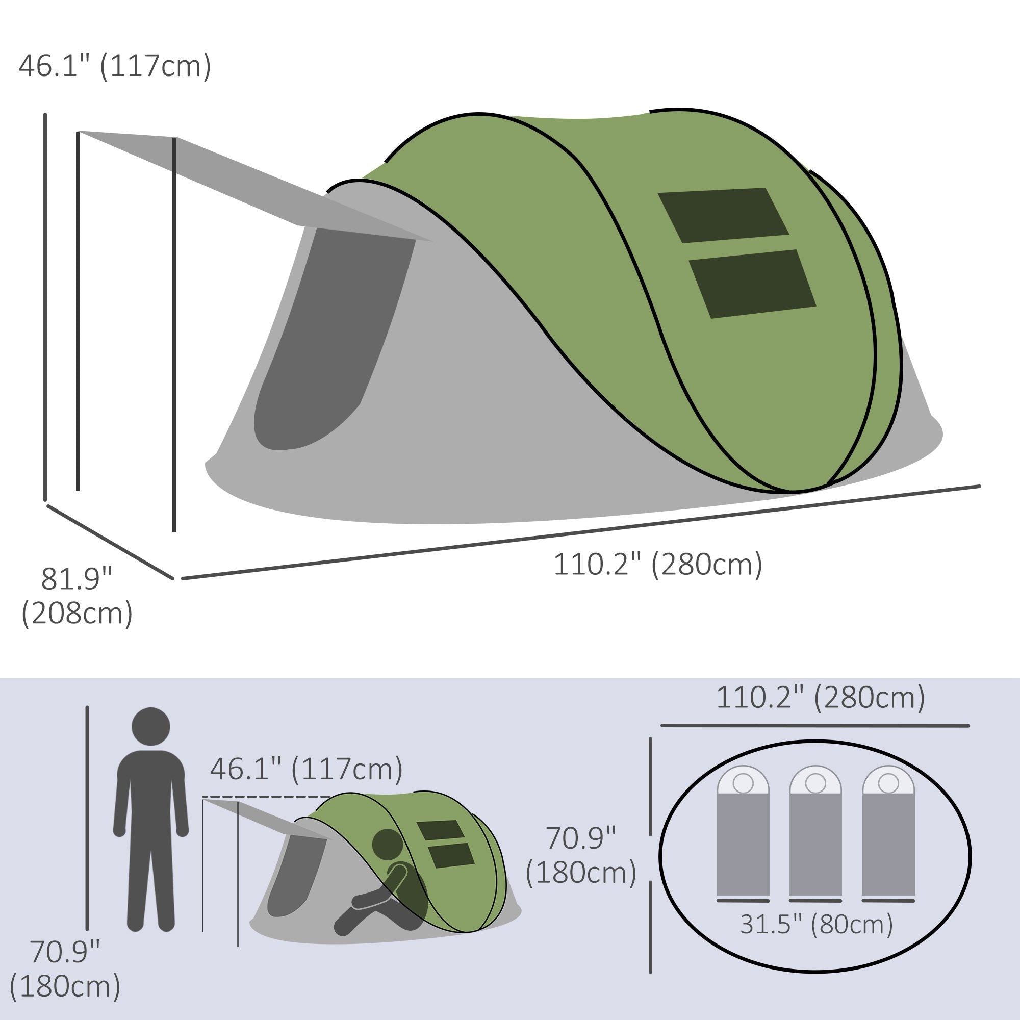 Pop Up Tent with Porch and Carry Bag, 3000mm Waterproof, for 2-3 People Camping Hiking, Green Camping Tents   at Gallery Canada