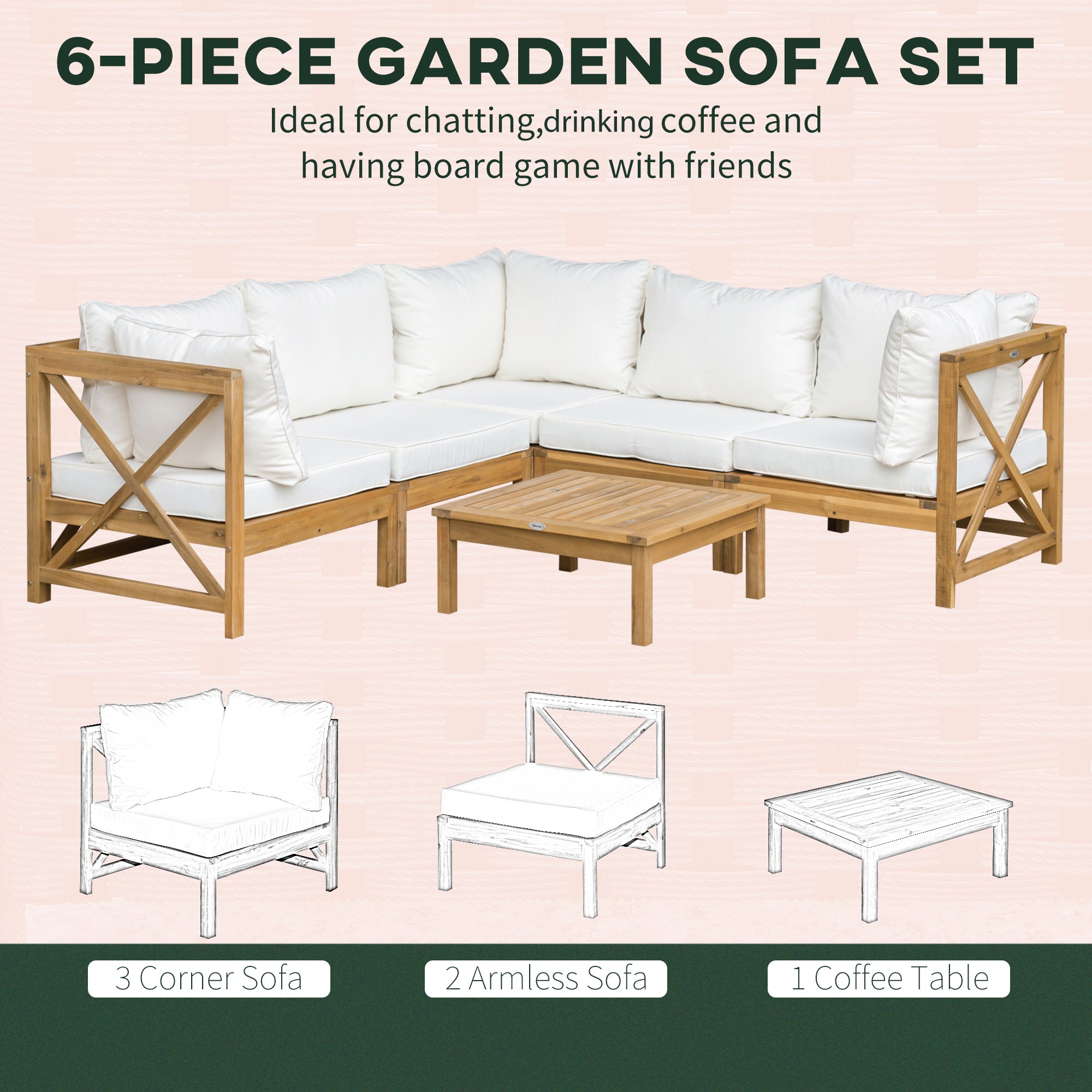6-Piece Wooden Patio Sofa Sectional Set with 5 Sofas, 1 Coffee Table, 5 Cushions &; 8 Pillows, Cream White Patio Furniture Sets at Gallery Canada