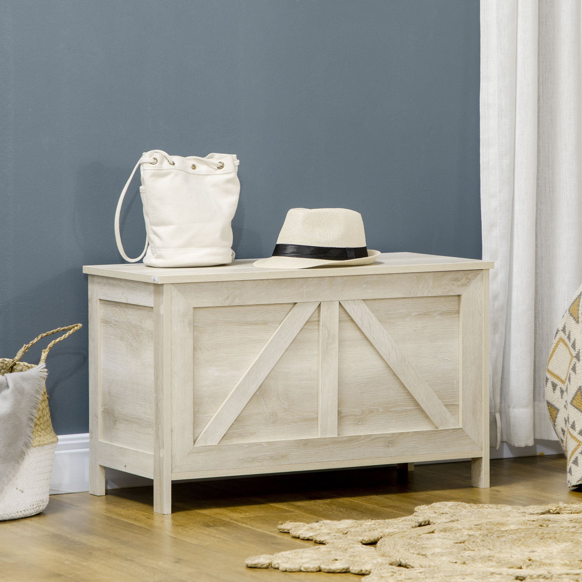 Storage Trunk Box Organizer with Farmhouse Panel Safety Hinge to Open Up 150° Light Oak Storage Cabinets   at Gallery Canada