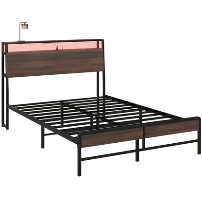 Full Size Bed Frame with LED Lights and Charging Station, Full Bed Frame with Storage Headboard, Noise-Free, Walnut Bedroom Furniture   at Gallery Canada