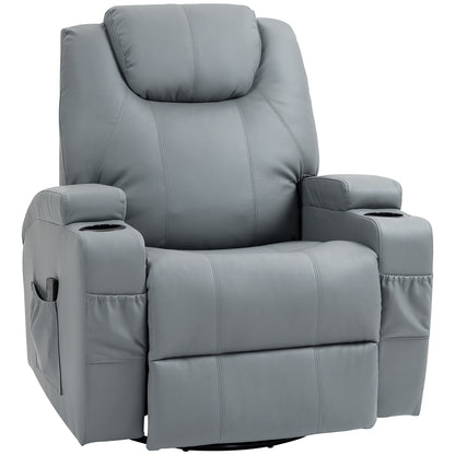 Massage Recliner Chair Leather Swivel Rocker Manual Reclining Chair with 8 Vibration Points, Cup Holders, Light Grey Single Sofas   at Gallery Canada