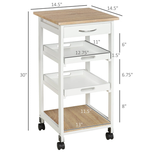 Bar Cart, 4-Tier Kitchen Cart with Removable Serving Tray, Kitchen Shelves on Wheels with Drawer for Dining Room, Living Room, White