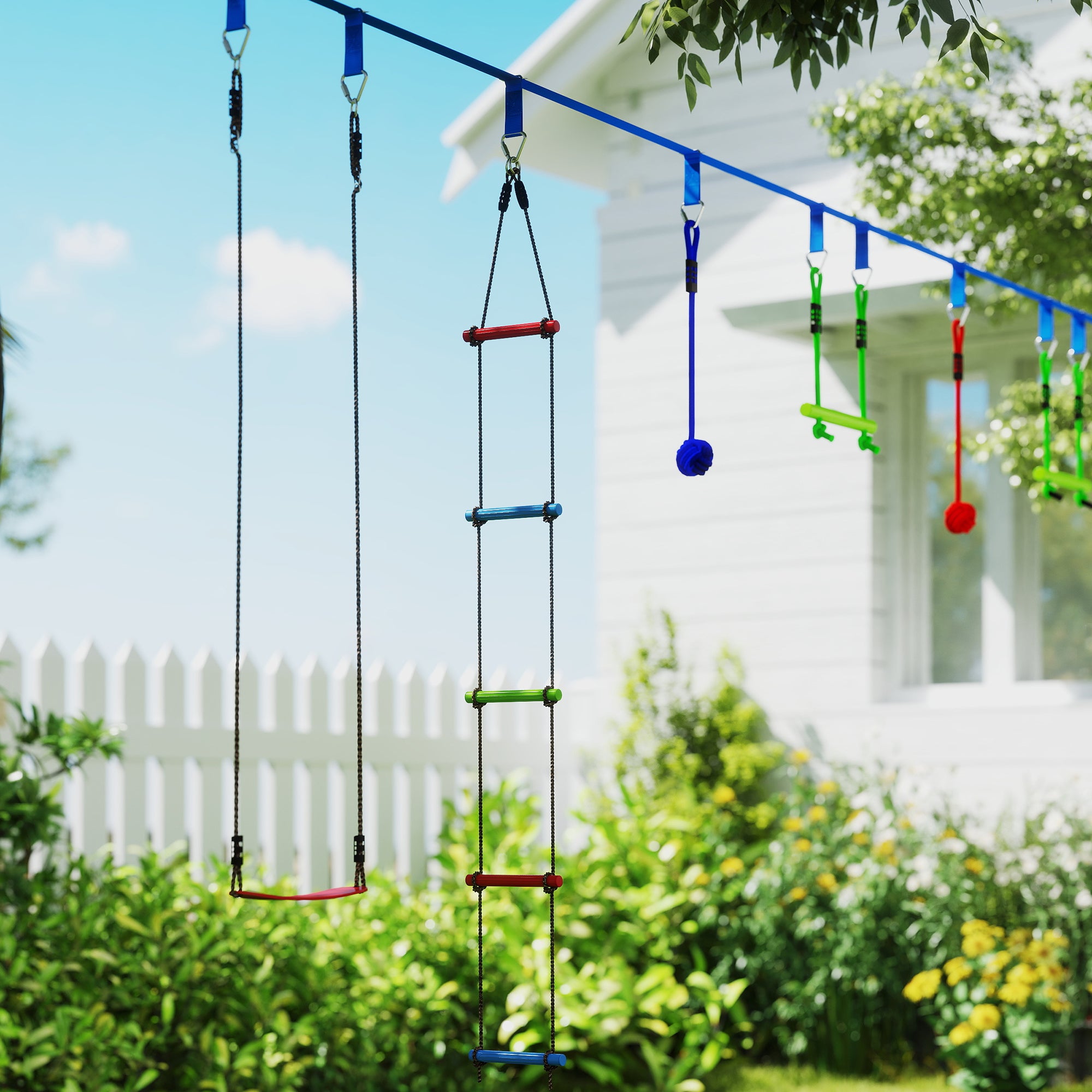 32.8' Ninja Warrior Obstacle Course for Kids 3-6 Years, with Swing, Monkey Bars, Climbing Ladder, Gym Rings, Blue Gym Sets & Swings at Gallery Canada
