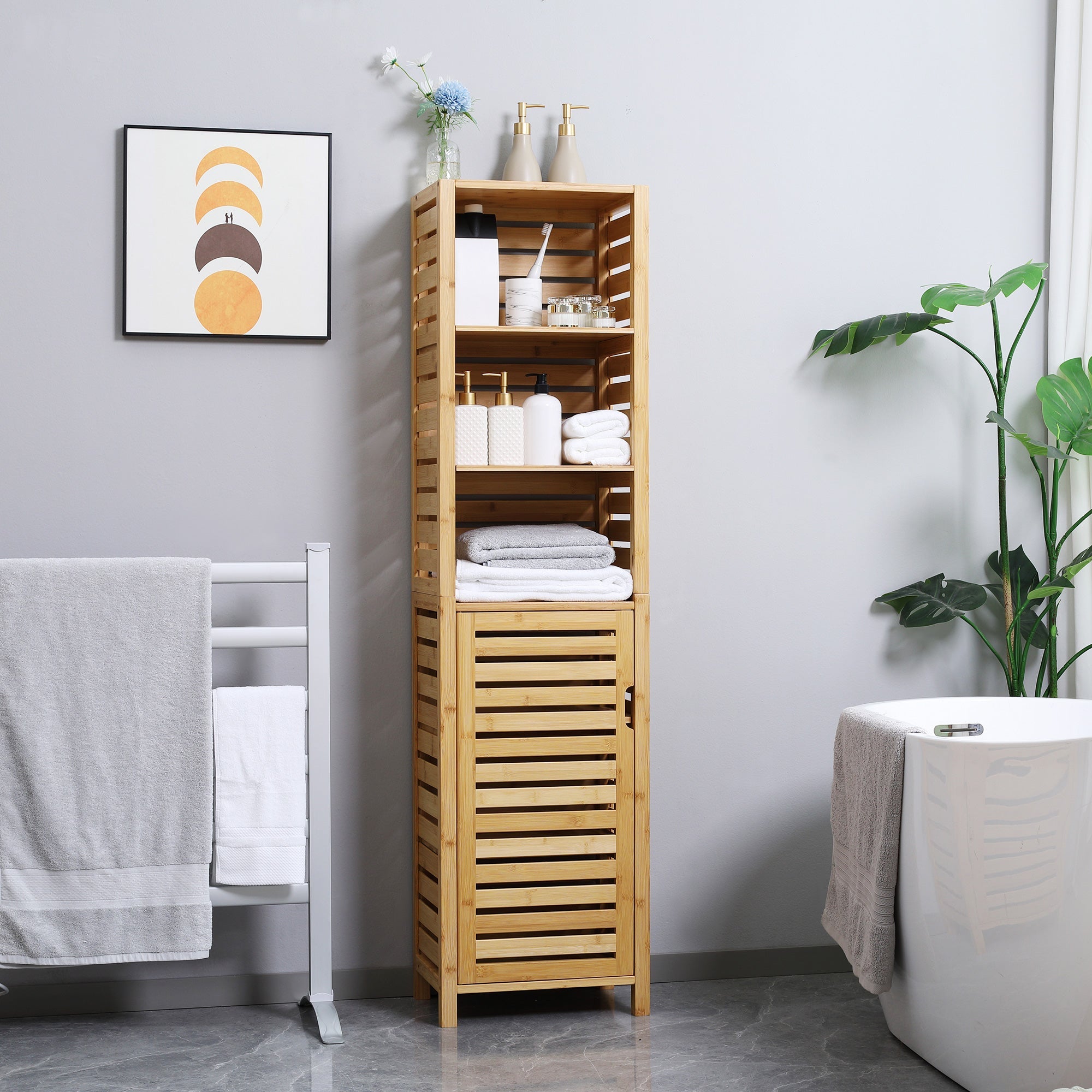 Tall Bathroom Storage Cabinet with 3 Open Shelves, Slim Bamboo Linen Tower Freestanding Linen Towel with Slatted Door, Natural Bathroom Cabinets   at Gallery Canada