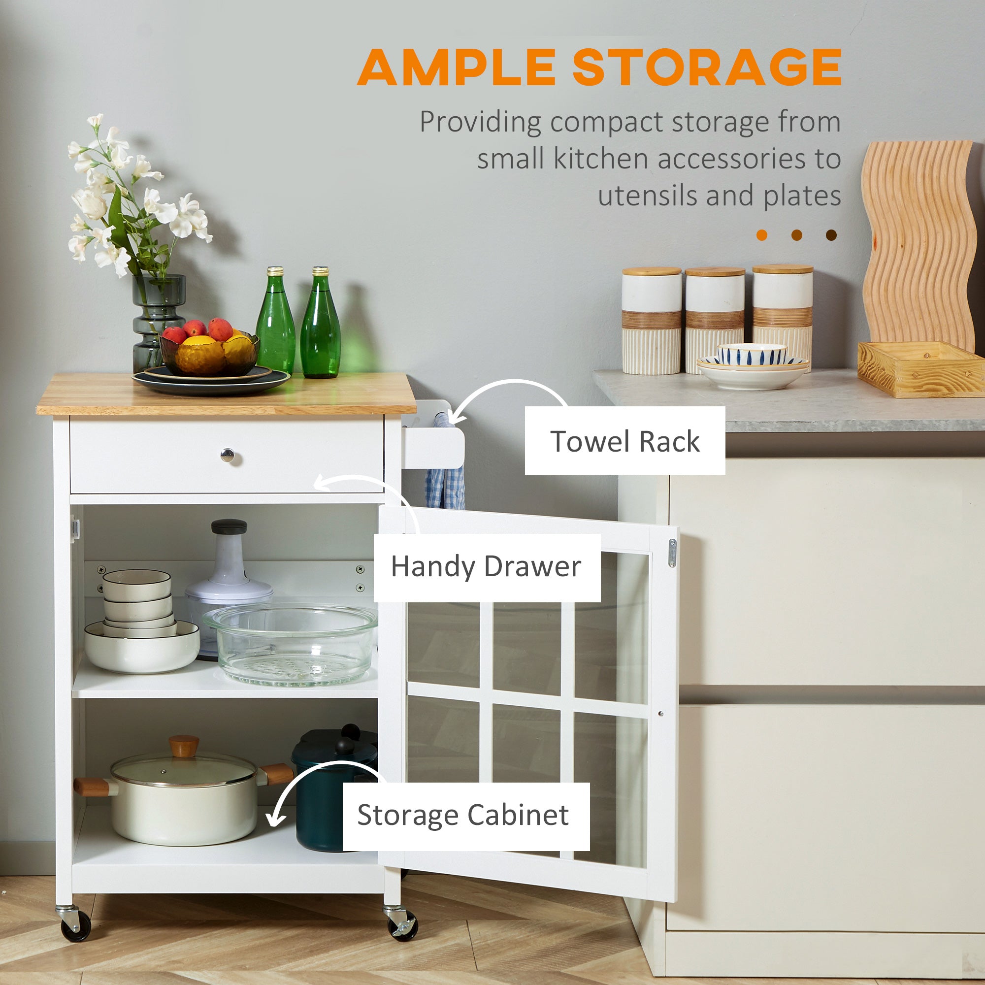 Rolling Kitchen Cart with Drawer and Glass Door Cabinet, Kitchen Island on Wheels with Towel Rack, White Kitchen Islands & Kitchen Carts at Gallery Canada