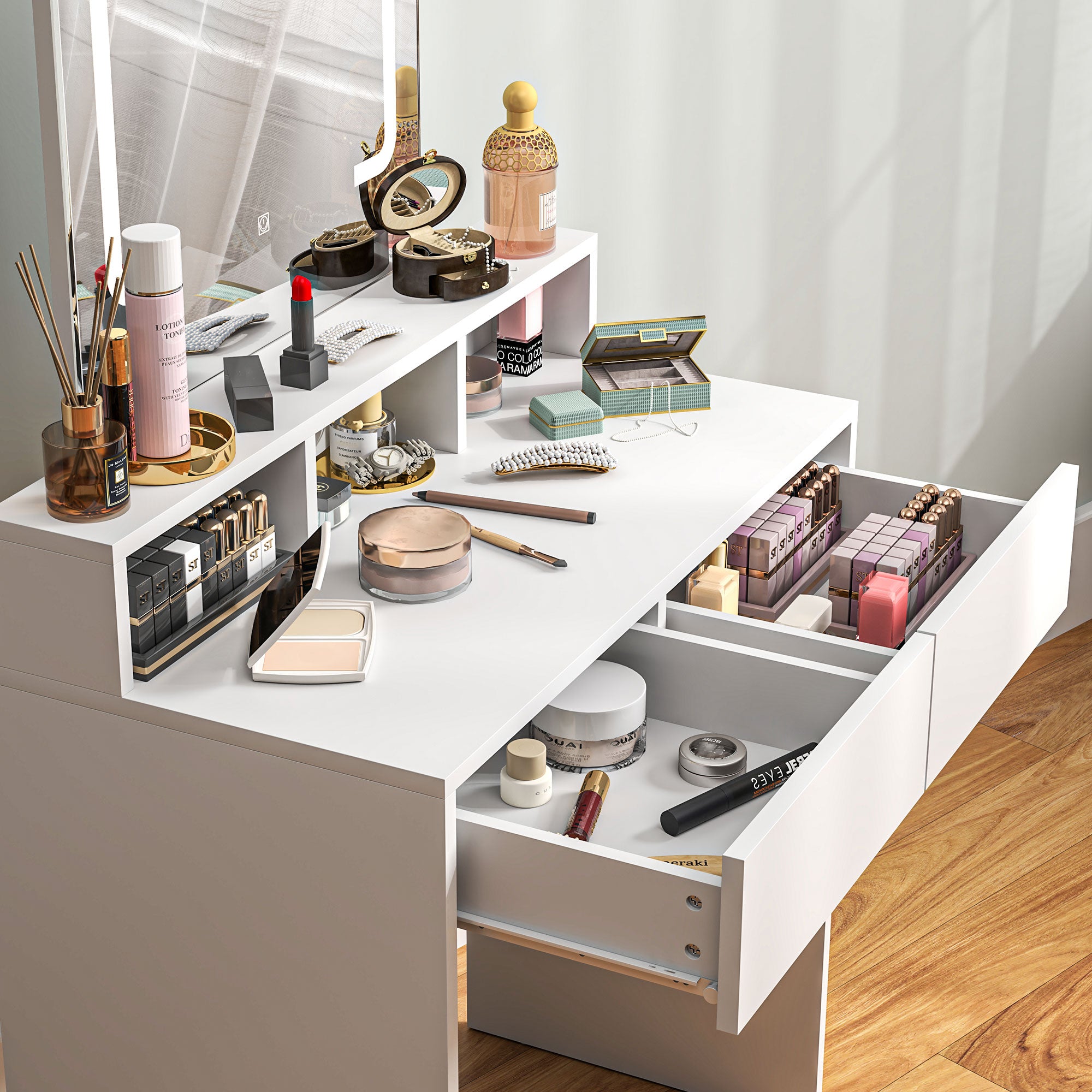 Makeup Vanity Desk with Mirror and LED Lights, for Bedroom, Modern Dressing Table with Drawers, Compartments, White Dressing & Vanity Tables   at Gallery Canada