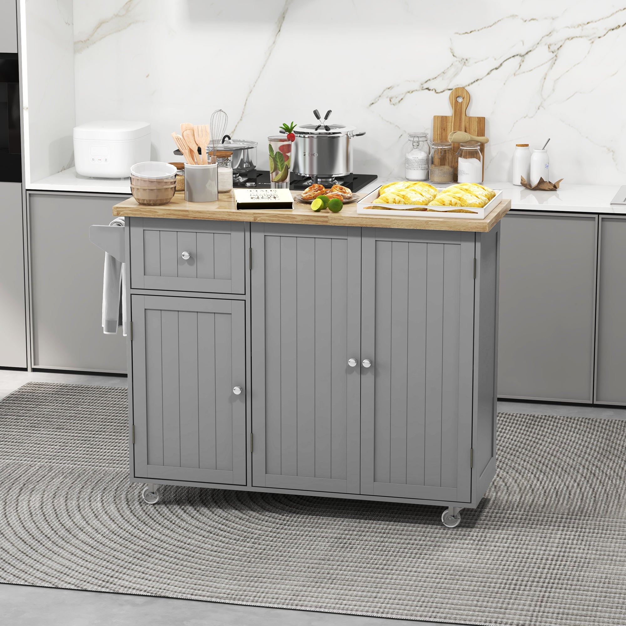 Rolling Kitchen Island with Storage, Utility Kitchen Island Cart with Drawer, Cabinets, Towel Rack and Rubber Wood Top Kitchen Islands & Kitchen Carts   at Gallery Canada