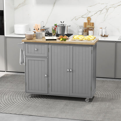 Rolling Kitchen Island with Storage, Utility Kitchen Island Cart with Drawer, Cabinets, Towel Rack and Rubber Wood Top Kitchen Islands & Kitchen Carts   at Gallery Canada