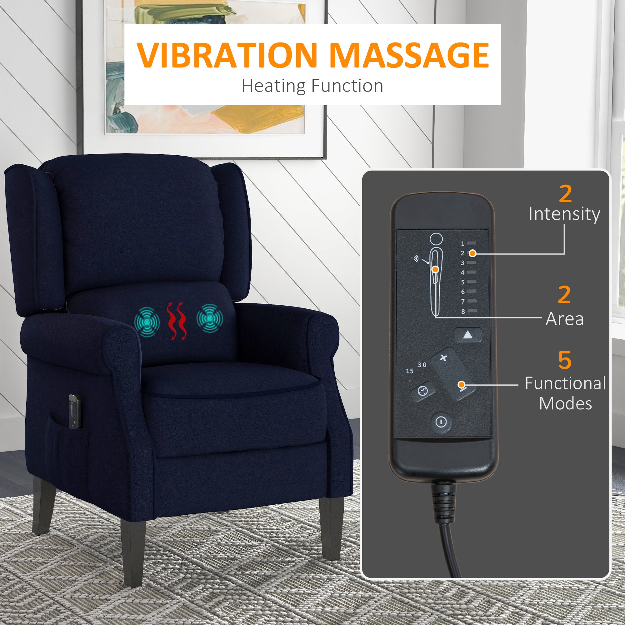Push Back Recliner Chair, Vibration Massage Recliner for Living Room with Extendable Footrest, Remote, Pocket, Blue Single Sofas at Gallery Canada